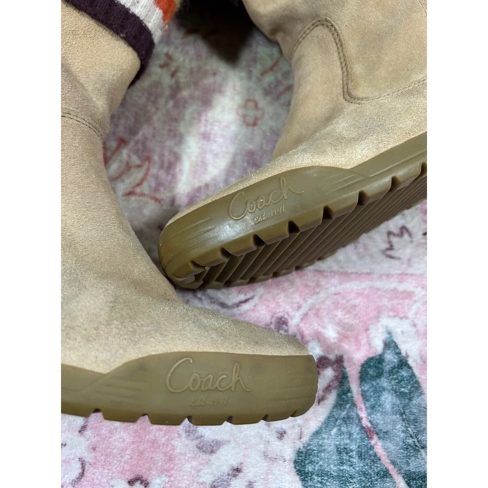 VTG‎ Y2K Coach Tatum Tan Suede Striped Wool Knit Cuff Mid Calf Boots Womens 8